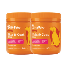 Two orange Zesty Paw Skin & Coat Bites containers with dog illustration and orange screw-on lids.