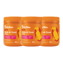 Three orange Zesty Paws Skin & Coat Bites jars with yellow dog silhouettes and chicken flavor label, 90 count each.