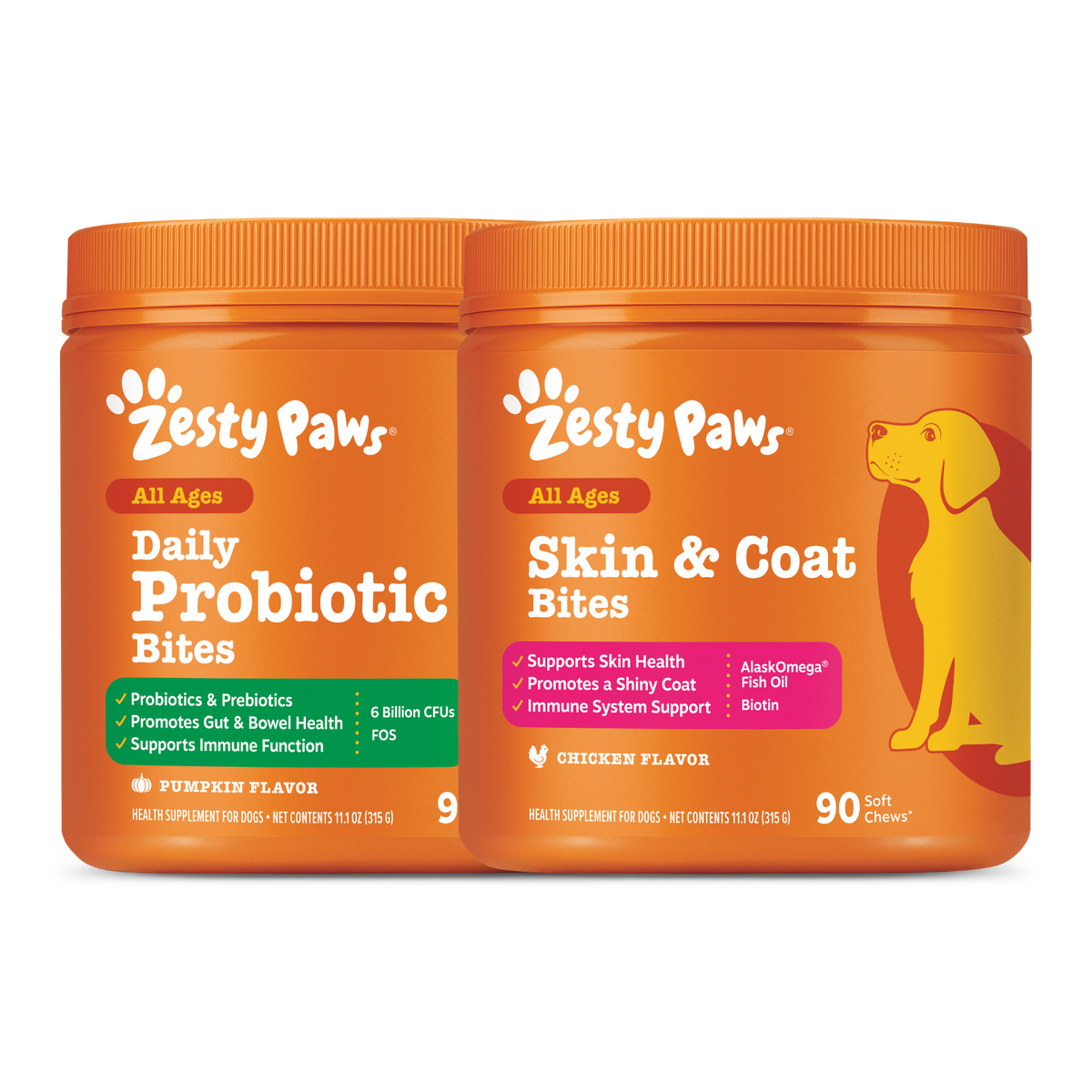 Two orange Zesty Paws containers: Daily Probiotic Bites with pumpkin flavor and Skin & Coat Bites with chicken flavor.