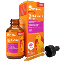 Zesty Paws Hip & Joint Drops amber bottle with dropper and orange box labeled for dogs and cats, salmon flavor.