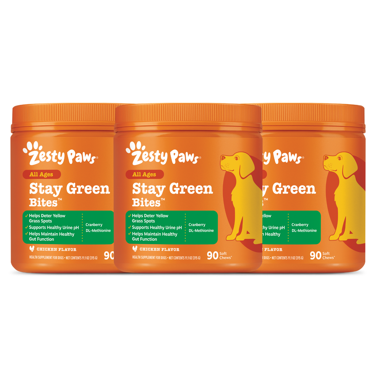Three orange jars of Zesty Paws Stay Green Bites dog treats with chicken flavor and yellow dog illustration on labels.