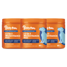 Three orange Zesty Paws Senior Advanced 11-in-1 Multivitamin Bites containers with chicken flavor, 90 soft chews each.