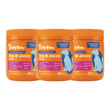 Three orange Zesty Paws containers of Senior Advanced Hip & Joint Bites with chicken flavor, 90 count each.