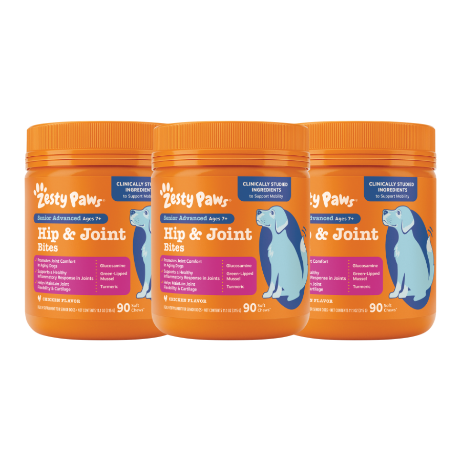 Three orange Zesty Paws containers of Senior Advanced Hip & Joint Bites with chicken flavor, 90 count each.