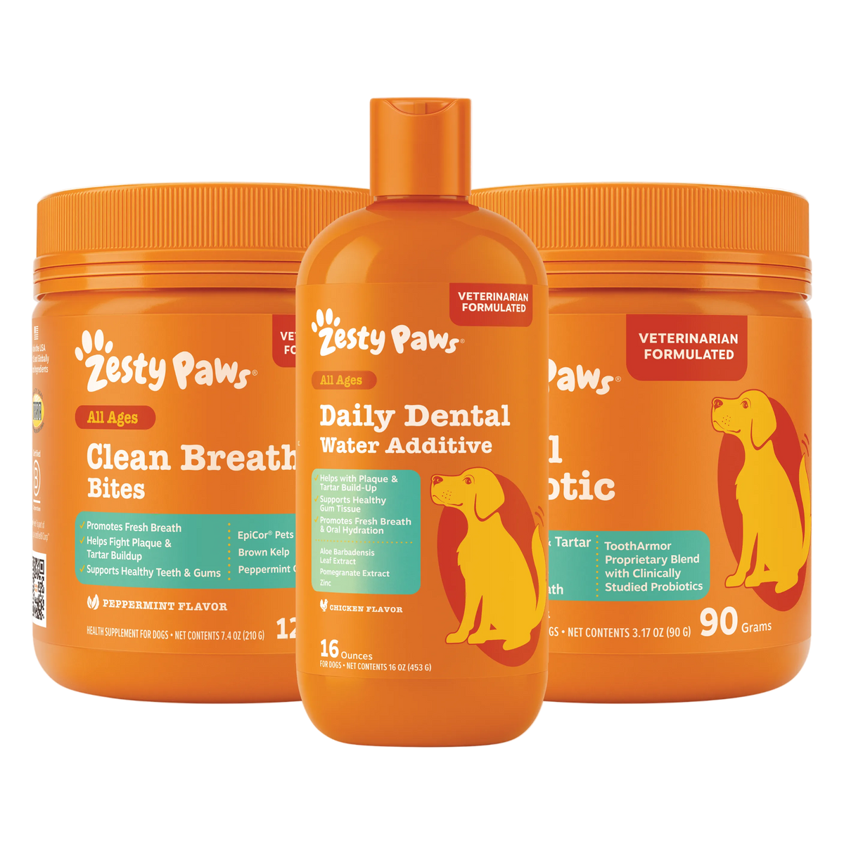 Zesty Paws pet care products including a jar, bottle, and container on a white background