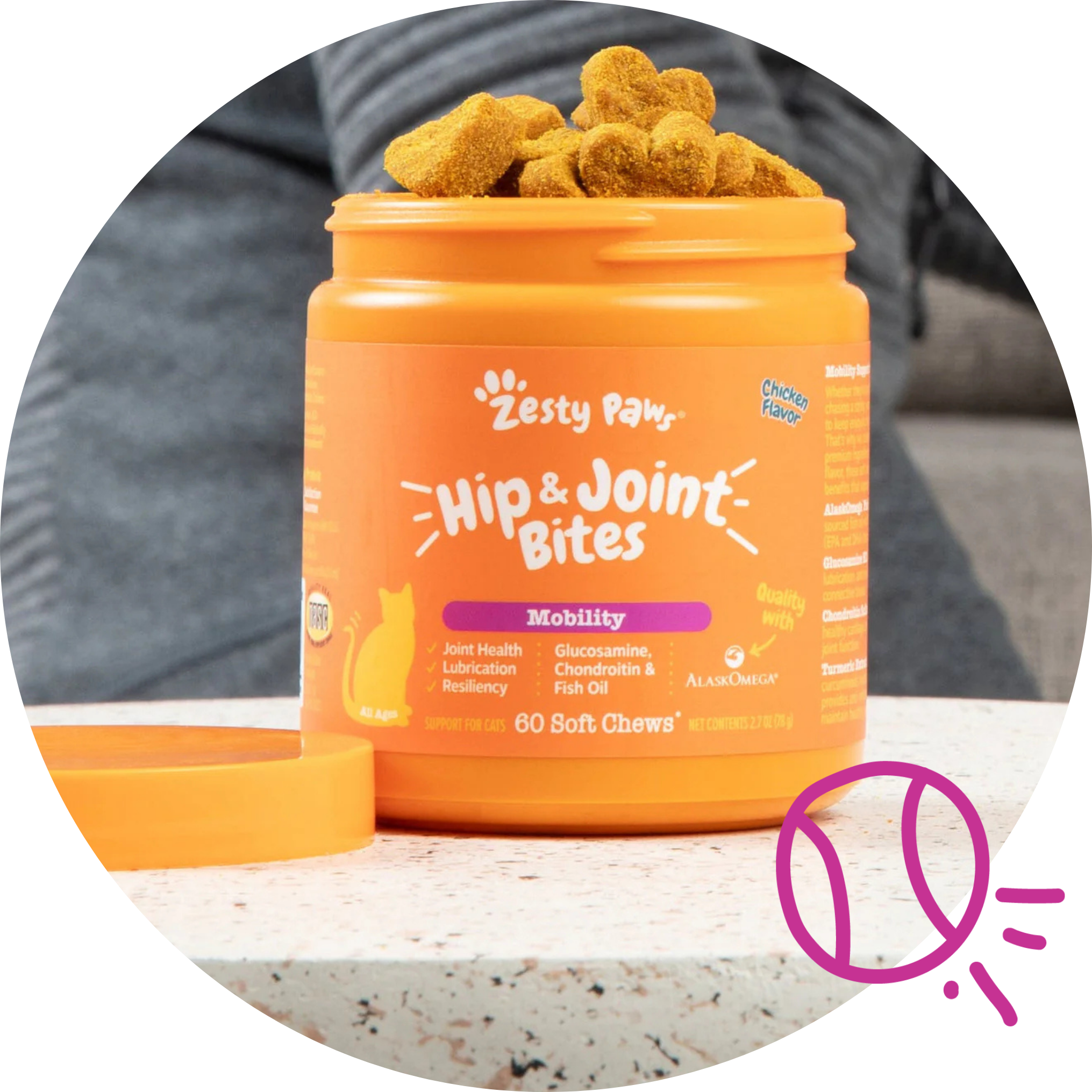 Orange container of Zesty Paws Hip & Joint Bites for cats on a neutral background