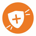 Logo with a shield and plus sign on an orange circle