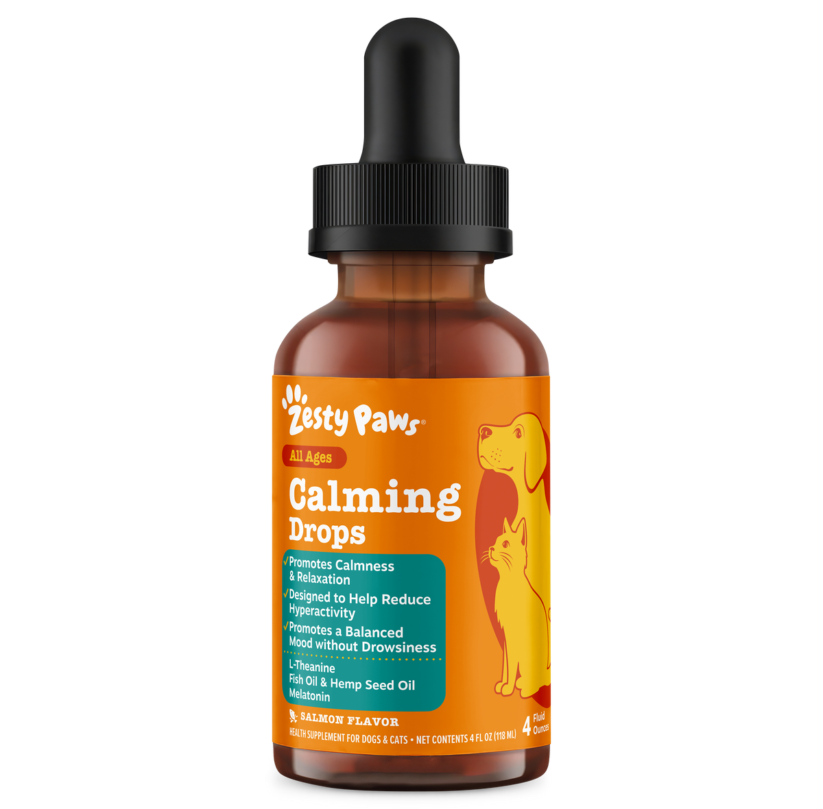 Brown glass bottle with black dropper top labeled "Zesty Paws Calming Drops" featuring orange and yellow packaging with dog a