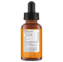 Amber glass dropper bottle with black cap containing brown liquid and orange label with product facts and ingredients list.
