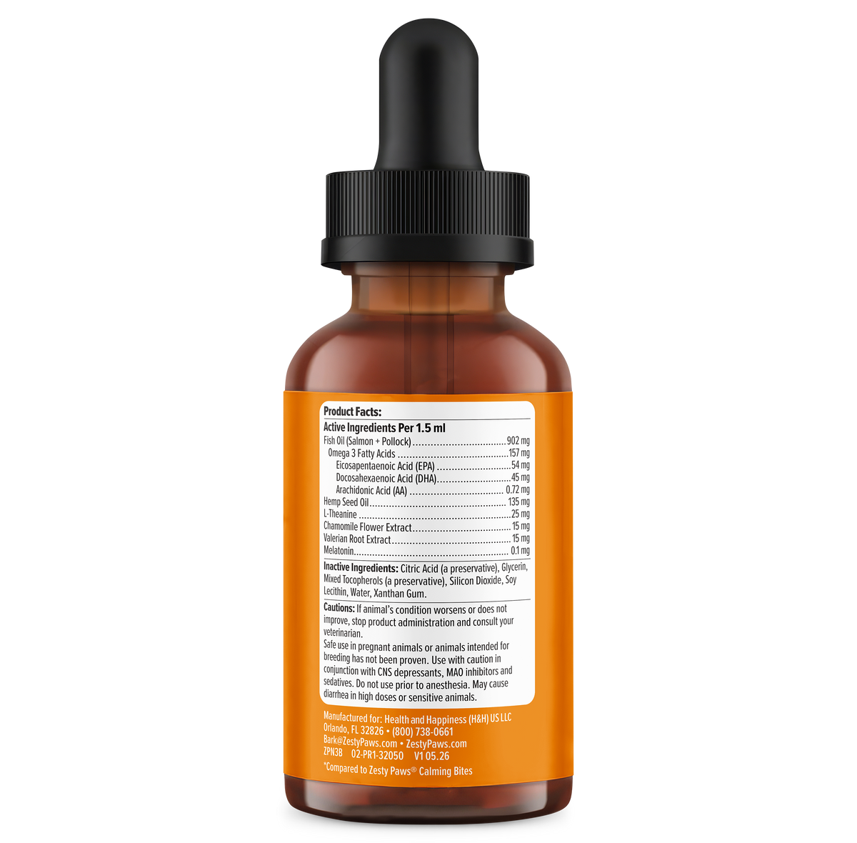 Amber glass dropper bottle with black cap containing brown liquid and orange label with product facts and ingredients list.