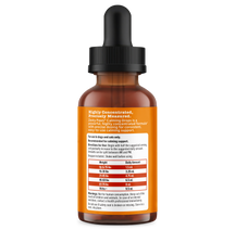 Brown glass bottle with black dropper cap and orange label displaying dosage information for pet calming drops.