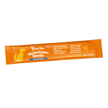 Orange packet of Zesty Paws Multivitamin Powder for dogs with white text and dog silhouette graphic.