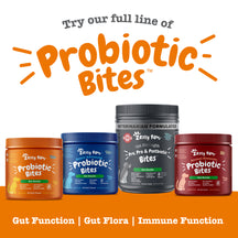 Four containers of Zesty Paw Probiotic Bites in orange, blue, gray, and burgundy jars with black lids.