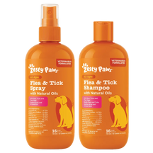 Zesty Paws flea and tick spray and shampoo bottles with orange labels and yellow dog silhouettes.
