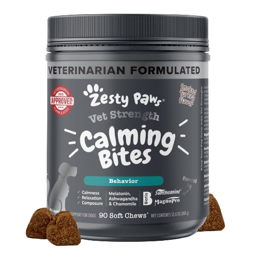Zesty Paw Vet Strength Calming Bites jar with gray label and three brown soft chew treats displayed in front.