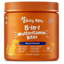 Orange jar of Zesty Paws 8-in-1 Multivitamin Bites for dogs with peanut butter flavor, 90 soft chews.