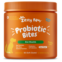 Orange jar of Zesty Paws Probiotic Bites dog supplement with chicken flavor, 90 soft chews, 11.1 oz.