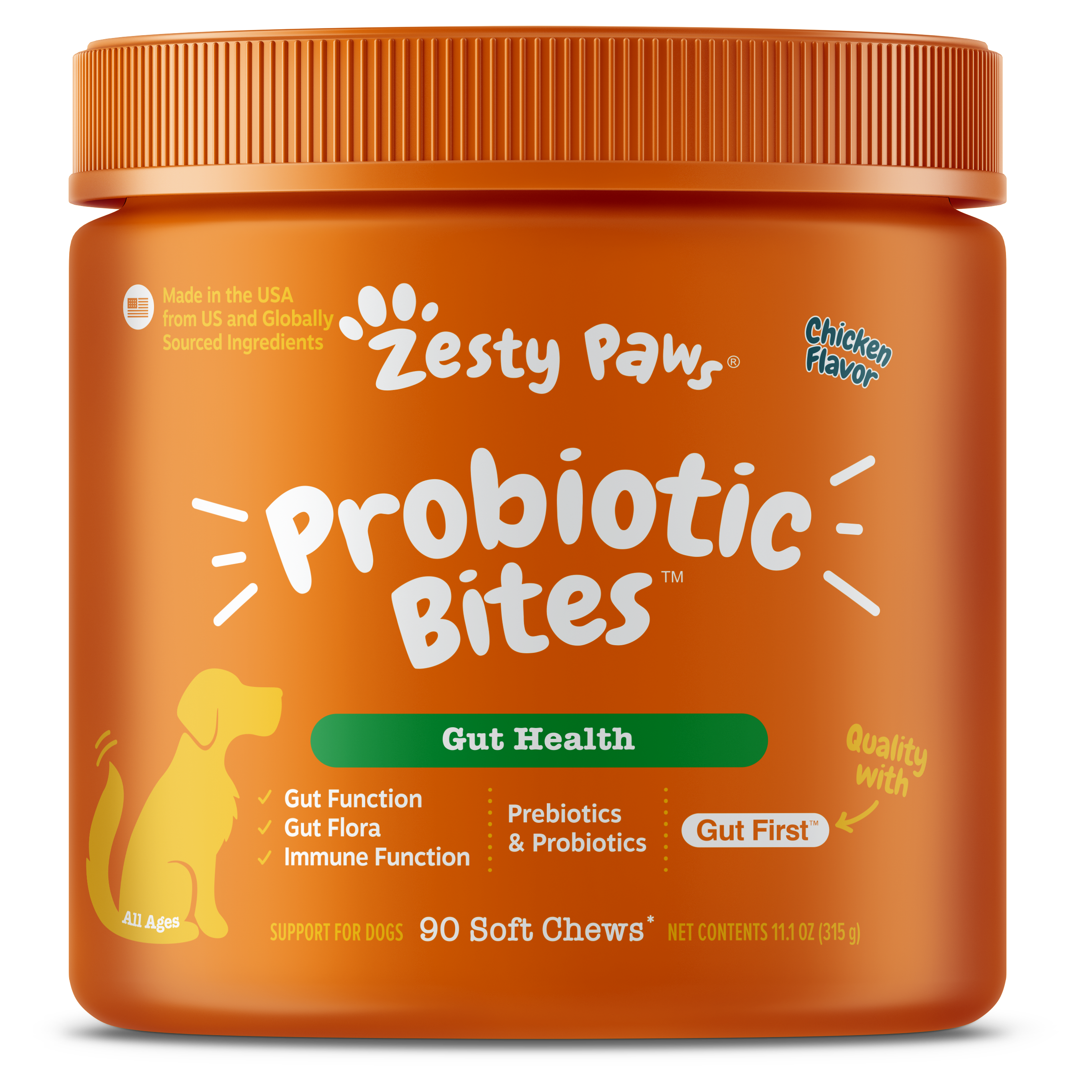 Orange jar of Zesty Paws Probiotic Bites dog supplement with chicken flavor, 90 soft chews, 11.1 oz.