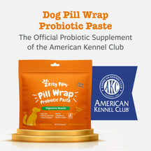 Orange pouch of Zesty Paw Pill Wrap Probiotic Paste next to American Kennel Club branded blue package.