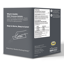 Gray product box showing NAD+ precursor sachets with product facts, ingredients, dosing instructions, and serving illustratio