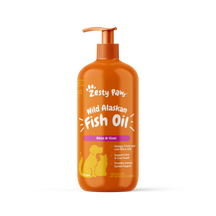 Orange plastic pump bottle of Zesty Paw Wild Alaskan Fish Oil with white and yellow text on label.
