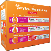 Zesty Paw orange box containing flea and tick shampoo, spray, and bite treats with natural oils.