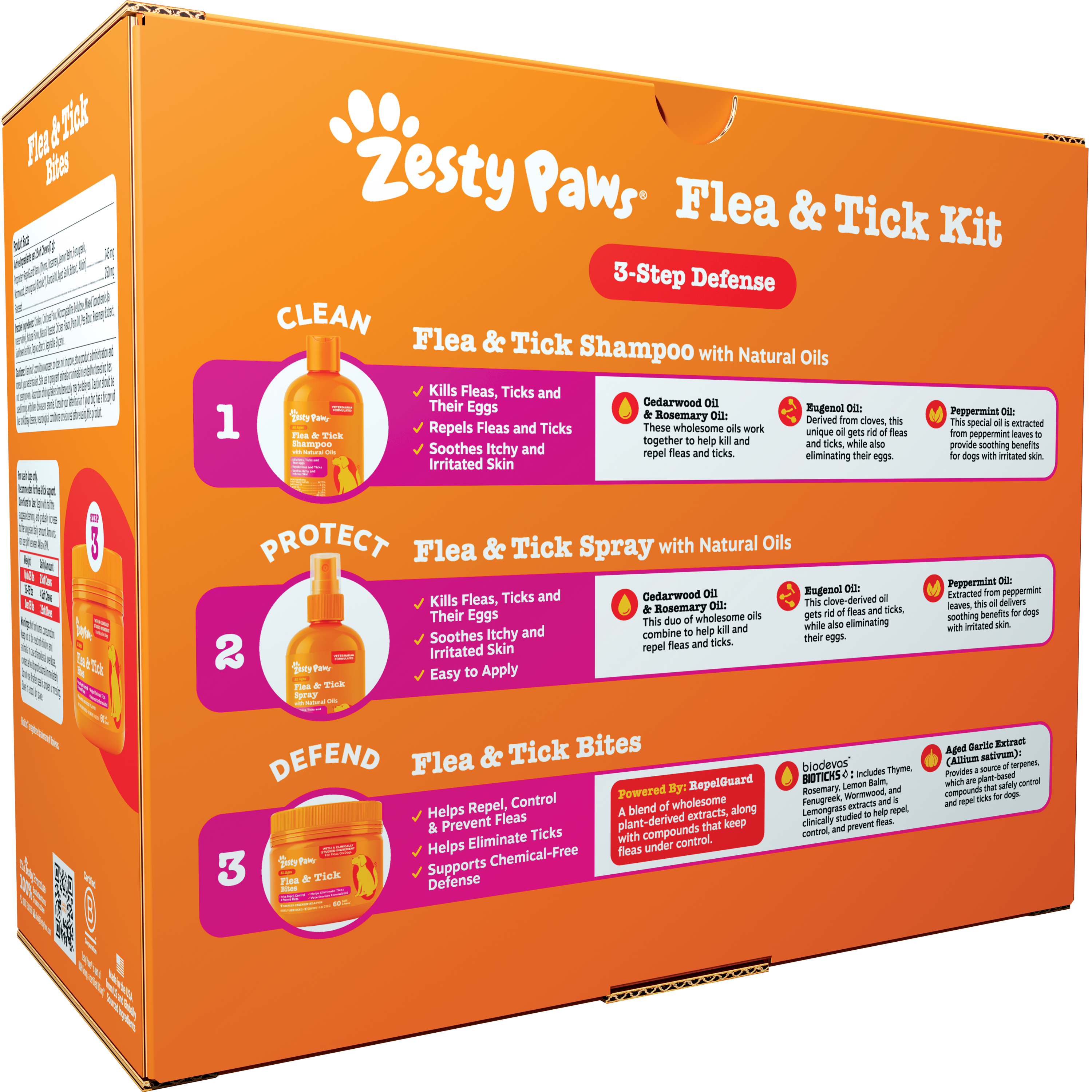 Zesty Paw orange box containing flea and tick shampoo, spray, and bite treats with natural oils.