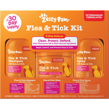 Zesty Paws Flea & Tick Kit containing shampoo, chew treats, and spray bottle on orange packaging.