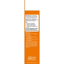 Orange product label with text on a white background