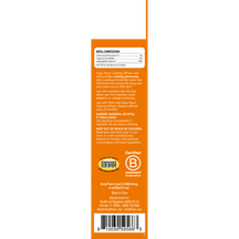 Orange label with text and certification logos on a white background