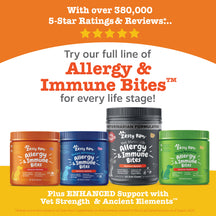 Four bottles of Zesty Paw Allergy & Immune Bites supplements in orange, blue, black, and green containers.