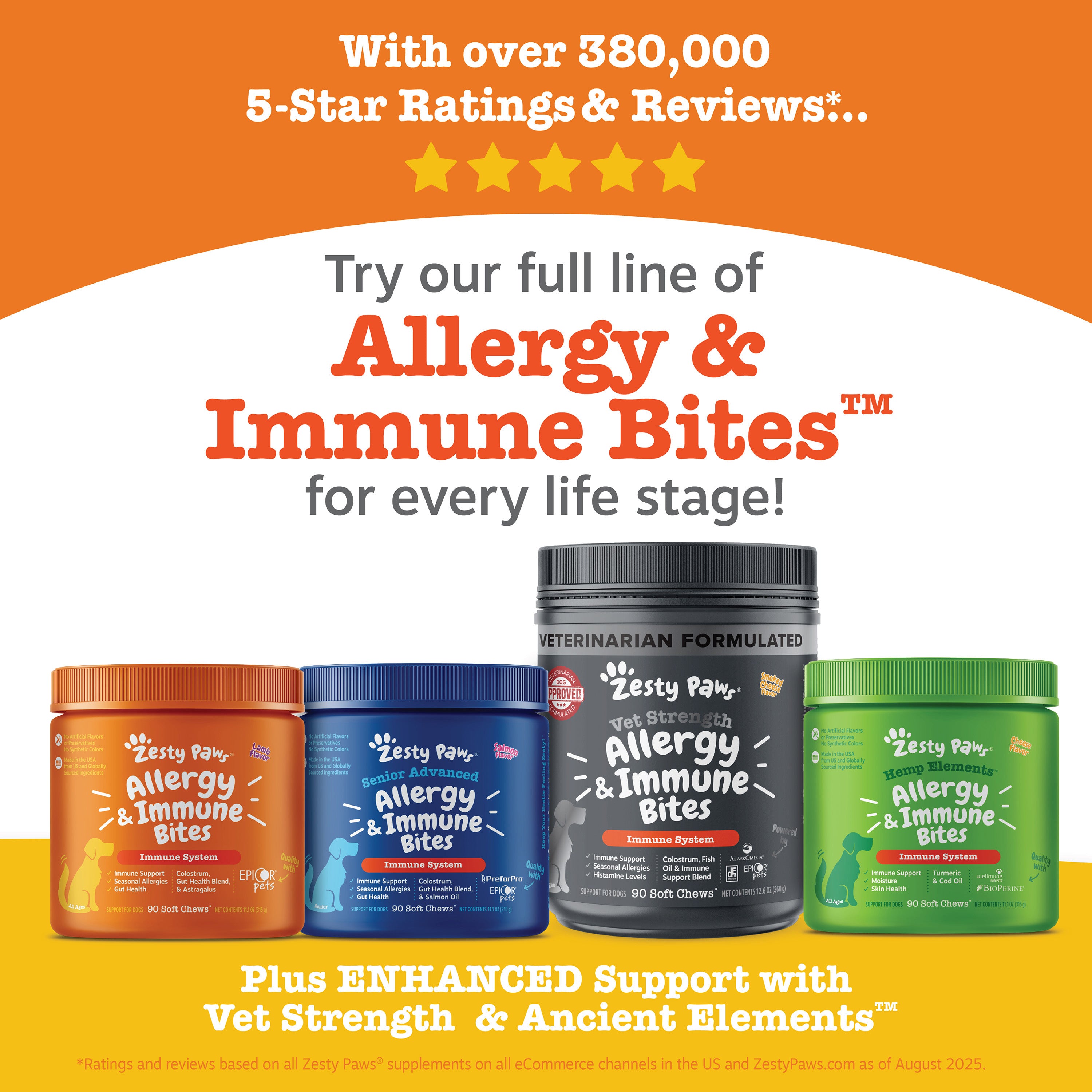 Four bottles of Zesty Paw Allergy & Immune Bites supplements in orange, blue, black, and green containers.
