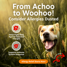 Tan and white dog with tongue out in tall grass field with product marketing text overlay.