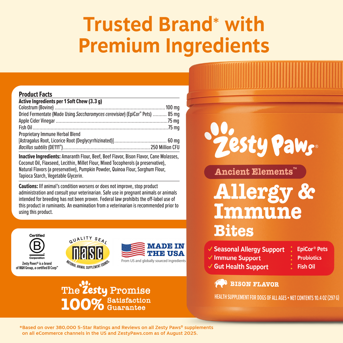 Orange pouch of Zesty Paws Ancient Elements Allergy & Immune Bites dog supplements with product facts label and ingredients l