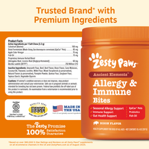 Orange pouch of Zesty Paws Ancient Elements Allergy & Immune Bites dog supplements with product facts label and ingredients l