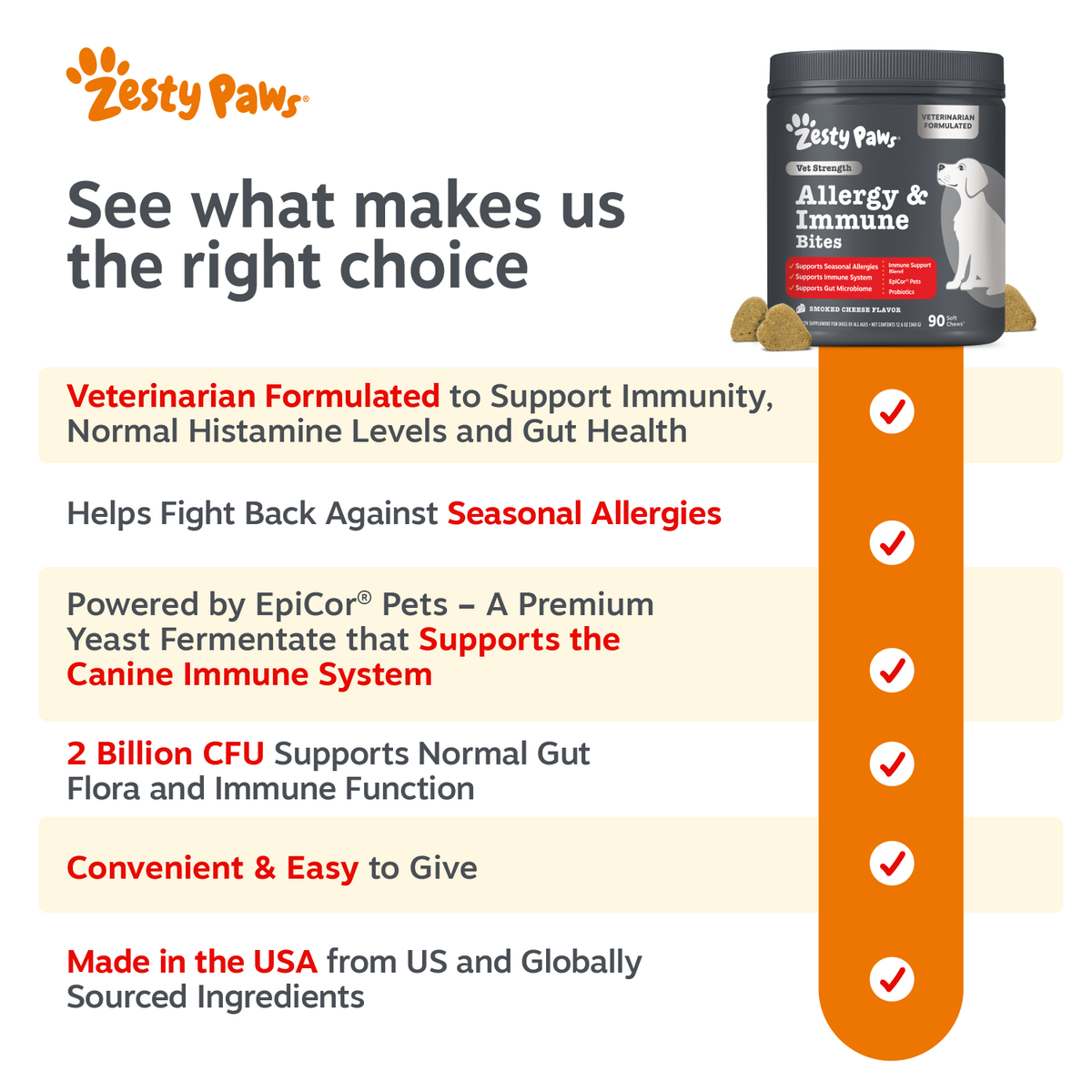 Black container of Zesty Paws Vet Strength Allergy & Immune Bites for dogs with chicken flavor label and 90 count.