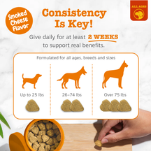 Dog allergy and immune supplement bites in smoked cheese flavor with dosage guidelines for different dog sizes.