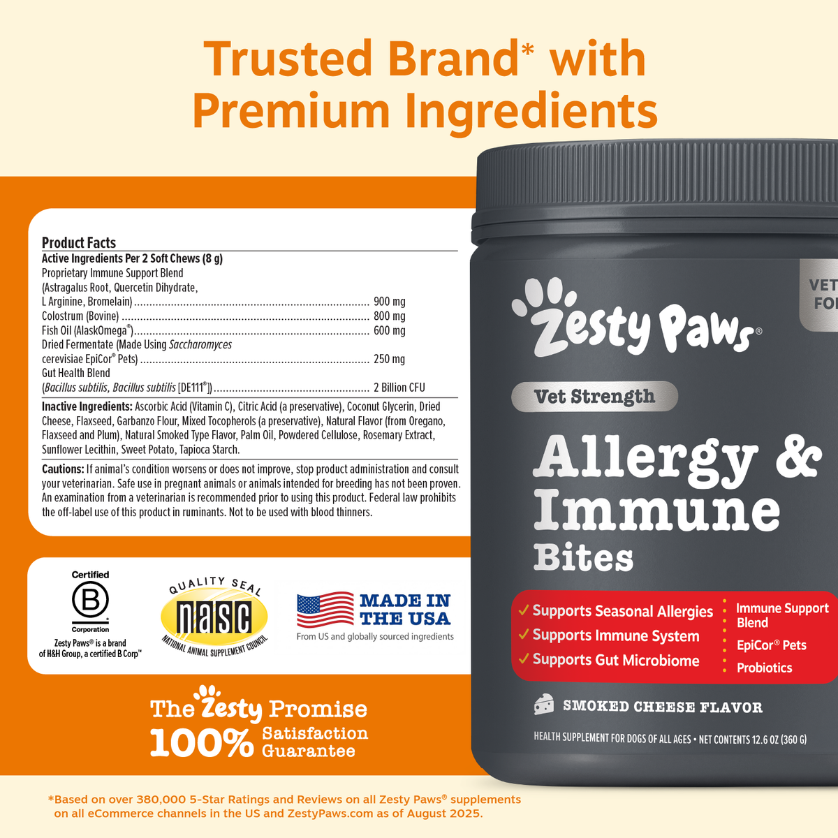 Zesty Paws Vet Strength Allergy & Immune Bites soft chew supplement package with smoked cheese flavor and product information