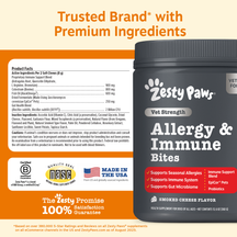 Zesty Paws Vet Strength Allergy & Immune Bites soft chew supplement package with smoked cheese flavor and product information
