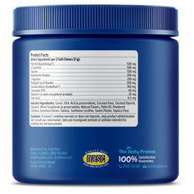 Blue jar of dog supplement soft chews with white product facts label and manufacturer information on dark background.