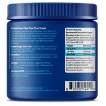 Blue jar with white ridged lid containing dog supplement chews, labeled Senior Advanced Cardio Bites with ingredient and dosa