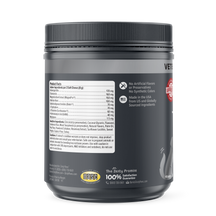 Dark gray container of dog calming supplement with black screw-top lid and white product information label on front.