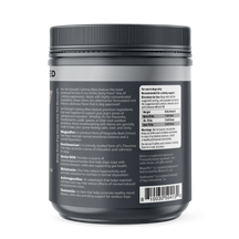 Black container with gray label showing ingredient list, dosage instructions, and barcode for dog calming supplement bites.