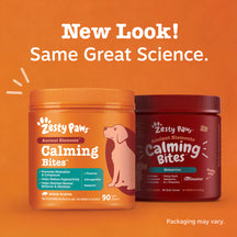 Two containers of Zesty Paws Ancient Elements Calming Bites dog treats in orange and burgundy packaging.
