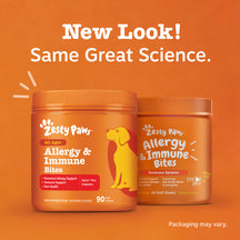 Two orange bottles of Zesty Paws Allergy & Immune Bites for dogs with yellow dog silhouette graphic on orange background.