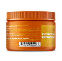 Orange jar with ridged cap containing puppy supplement bites, labeled with product information and barcode.