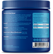 Dark blue jar of dog supplement soft chews with white text, product facts label, and barcode on back.