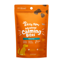 Orange pouch of Zesty Paw Advanced Calming Bites dog treats with melatonin and hemp seed, 10 soft chews.
