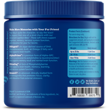 Blue plastic jar with white ridged lid containing soft chews for senior dogs, with product information and dosage chart on la
